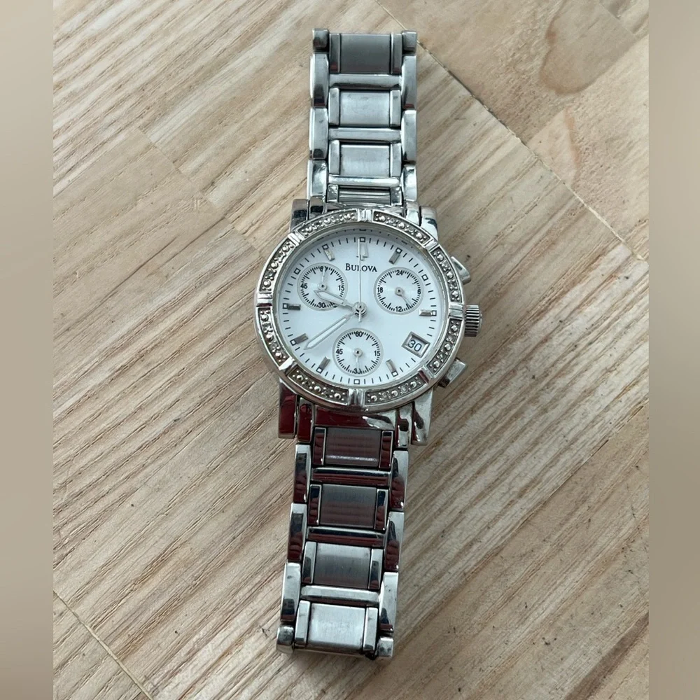 Bulova Diamond Chronograph Ladies Watch Mother of Pearl Dial Stainless Bracelet